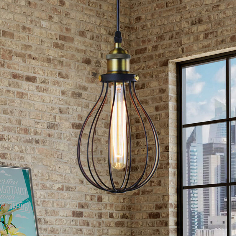 Vintage Industrial Pendant Ceiling Light In Metallic Black/Brass Finish With Wire Cage And Bulb