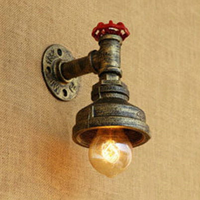 Rustic Metal Wall Light With Red Valve - Water Pipe Style 1 Bronze/Antique Brass Finish Ideal For