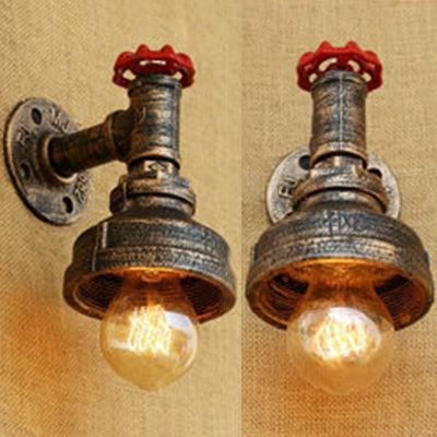 Rustic Metal Wall Light With Red Valve - Water Pipe Style 1 Bronze/Antique Brass Finish Ideal For