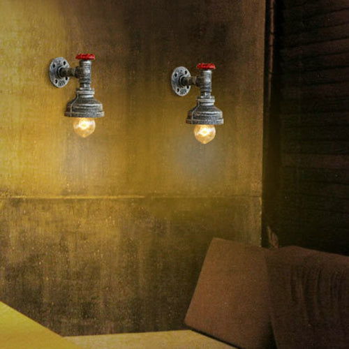 Rustic Metal Wall Light With Red Valve - Water Pipe Style 1 Bronze/Antique Brass Finish Ideal For