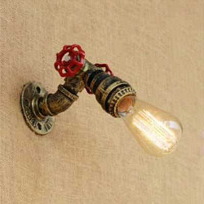 Rustic Bronze/Antique Brass Open Bulb Wall Sconce With Red Valve Decoration