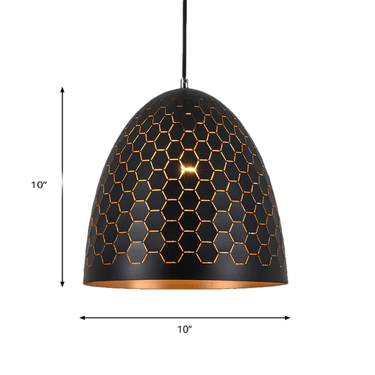 Domed Drop Pendant Light - Factory Black Metal Suspension with Honeycomb Pattern, 10"/12"/16" Wide