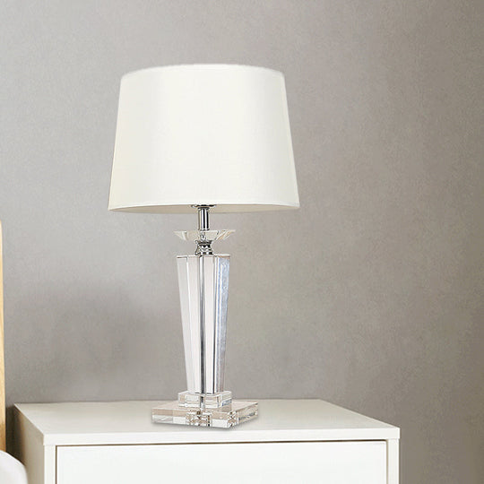 Modernist Fabric Nightstand Lamp - Barrel Crystal Task Light 1 Bulb 21/23.5 Long White