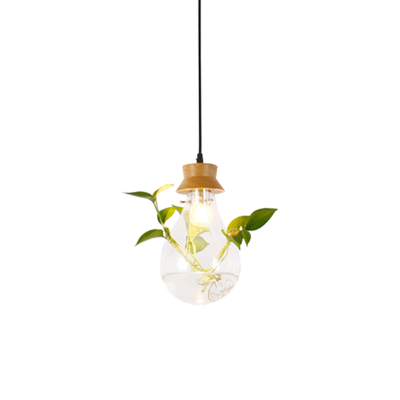 Vintage LED Pendant Lamp: Wooden Hanging Plant Light for Restaurants