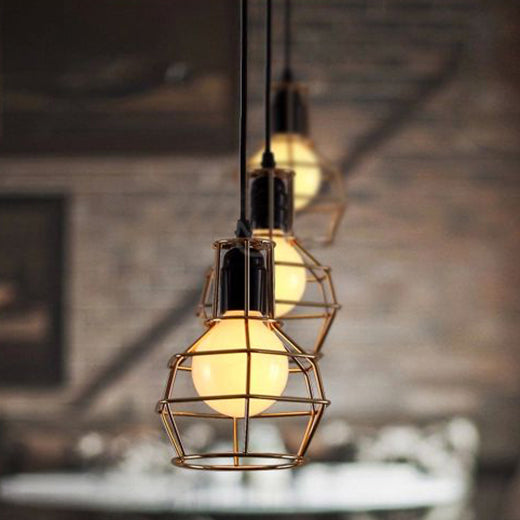 Retro Metallic Pendant Light Globe Coffee Shop Hanging Lamp With Gold/Silver Finish And Wire Frame