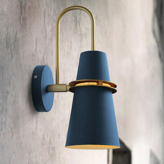 Contemporary Metallic Flared Wall Sconce Light With Curved Arm - Blue/Black 1 Head Mount Lamp