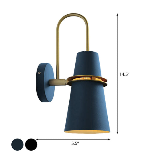 Contemporary Metallic Flared Wall Sconce Light With Curved Arm - Blue/Black 1 Head Mount Lamp