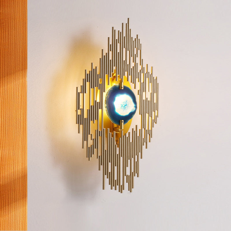 Modern Gold Wall Sconce With Agate Deco - 1 Light Metallic Rhombus Design For Living Room Lighting