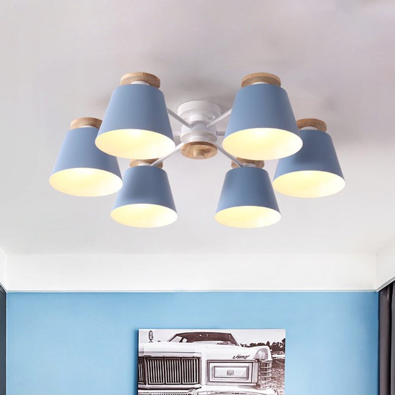 Nordic Metal Flushmount Ceiling Lamp - 6 Heads with Yellow/Blue Shades