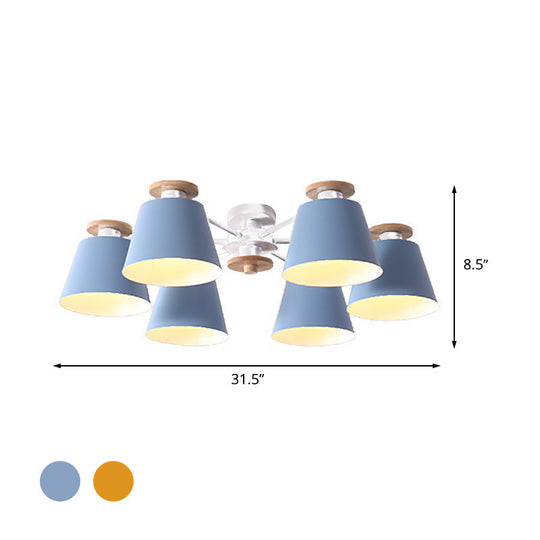 Nordic Metal Flushmount Ceiling Lamp - 6 Heads with Yellow/Blue Shades