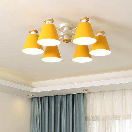 Nordic Metal Flushmount Ceiling Lamp - 6 Heads with Yellow/Blue Shades