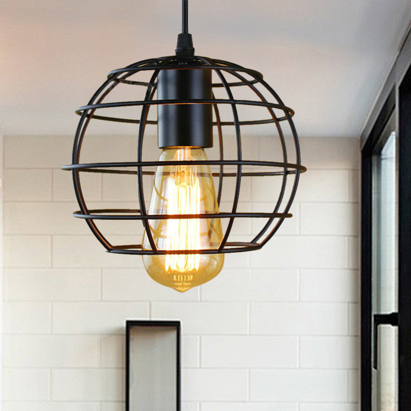 Farmhouse Style Metal Cage Pendant Light, 6"/7" Wide, 1 Head Balcony Ceiling Fixture in Black with Globe Shade