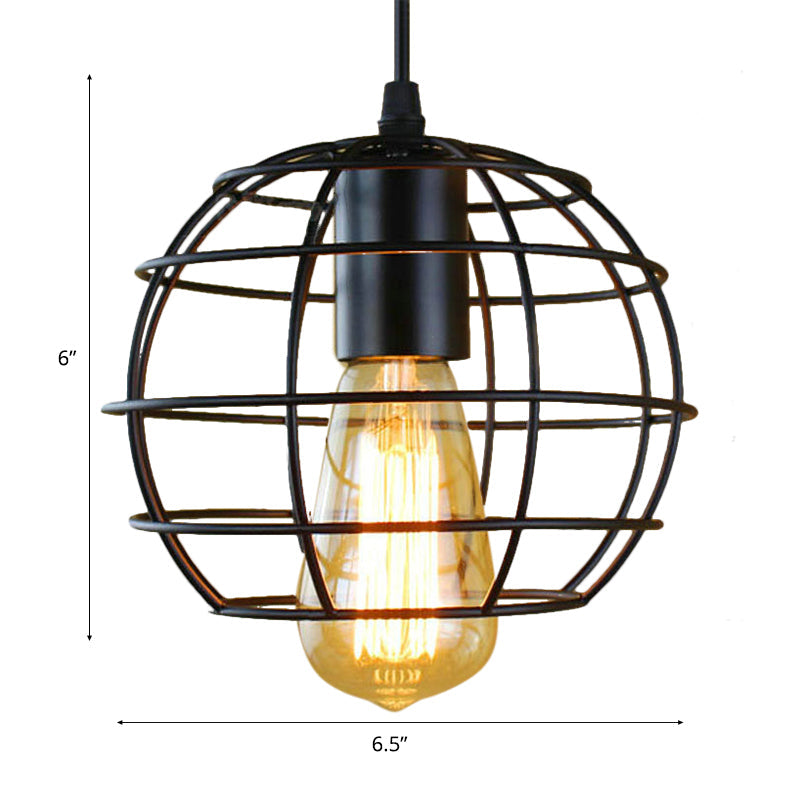 Farmhouse Style Metal Cage Pendant Light, 6"/7" Wide, 1 Head Balcony Ceiling Fixture in Black with Globe Shade