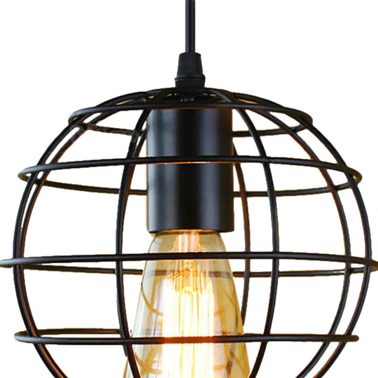 Farmhouse Style Metal Cage Pendant Light, 6"/7" Wide, 1 Head Balcony Ceiling Fixture in Black with Globe Shade