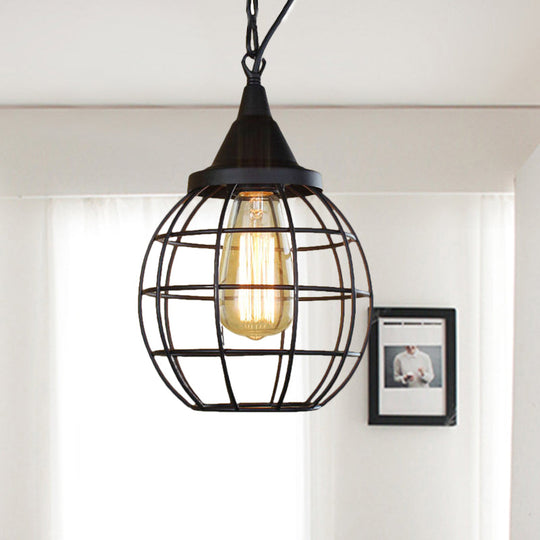 Farmhouse Style Metal Cage Pendant Light, 6"/7" Wide, 1 Head Balcony Ceiling Fixture in Black with Globe Shade