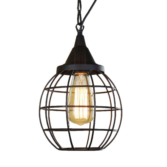 Farmhouse Style Metal Cage Pendant Light, 6"/7" Wide, 1 Head Balcony Ceiling Fixture in Black with Globe Shade