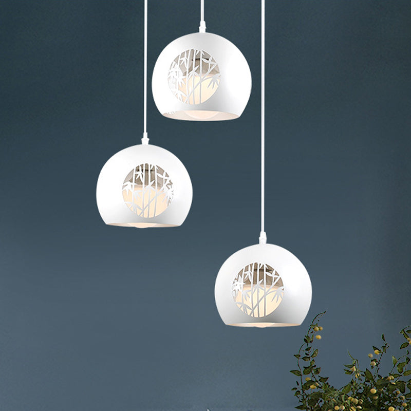 Modernist Global Pendant Iron Lamp In White With Laser Cut Bamboo Pattern - 3-Light Dining Room