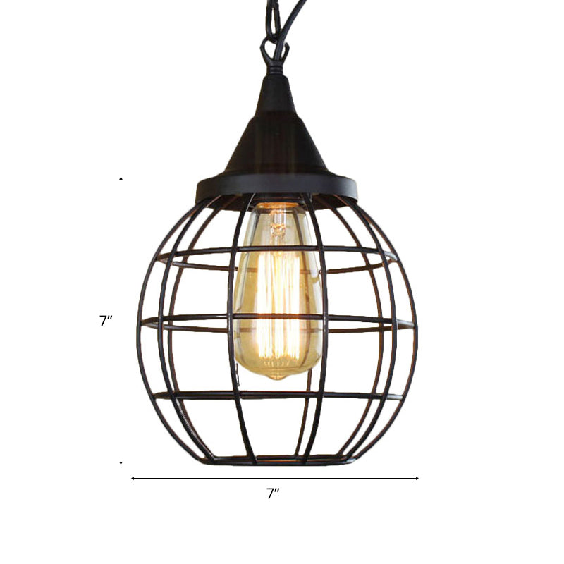 Farmhouse Style Metal Cage Pendant Light, 6"/7" Wide, 1 Head Balcony Ceiling Fixture in Black with Globe Shade