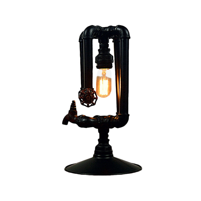 Vintage Style Black 1-Light Desk Lamp With Metallic Crossing Pipe And Water Tap Deco