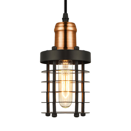 Iron Cylindrical Ceiling Fixture Retro Industrial Hanging Lamp With Wire Cage Shade