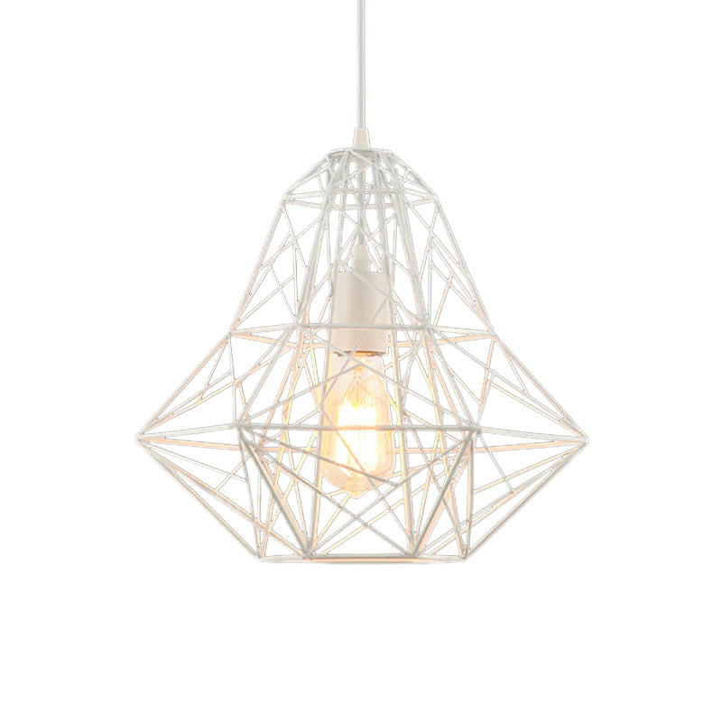 Metallic Industrial Cage Diamond Pendant Lighting - Black/White, 1 Head, for Dining Room - 16"/19.5" Dia