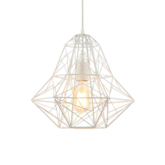 Metallic Industrial Cage Diamond Pendant Lighting - Black/White, 1 Head, for Dining Room - 16"/19.5" Dia