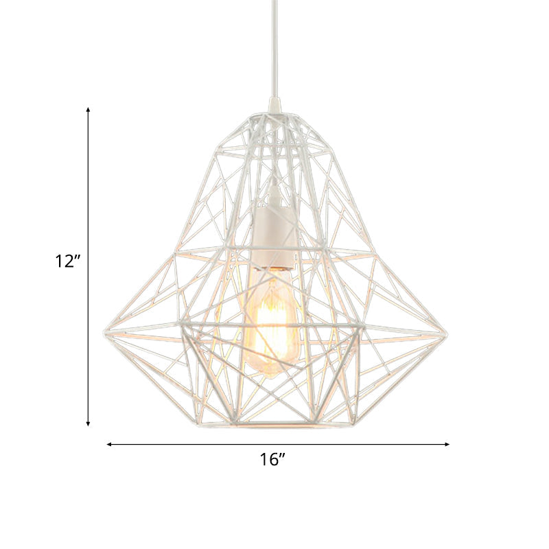 Metallic Industrial Cage Diamond Pendant Lighting - Black/White, 1 Head, for Dining Room - 16"/19.5" Dia