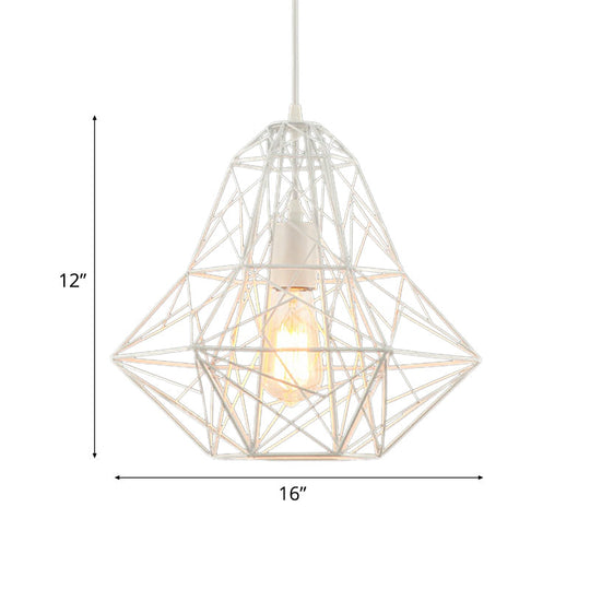 Metallic Industrial Cage Diamond Pendant Lighting - Black/White, 1 Head, for Dining Room - 16"/19.5" Dia