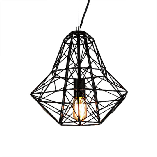 Metallic Industrial Cage Diamond Pendant Lighting - Black/White, 1 Head, for Dining Room - 16"/19.5" Dia