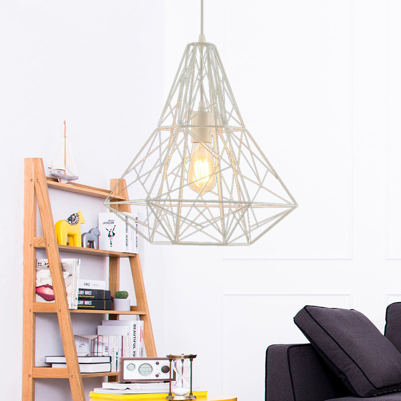 Metallic Industrial Cage Diamond Pendant Lighting - Black/White, 1 Head, for Dining Room - 16"/19.5" Dia