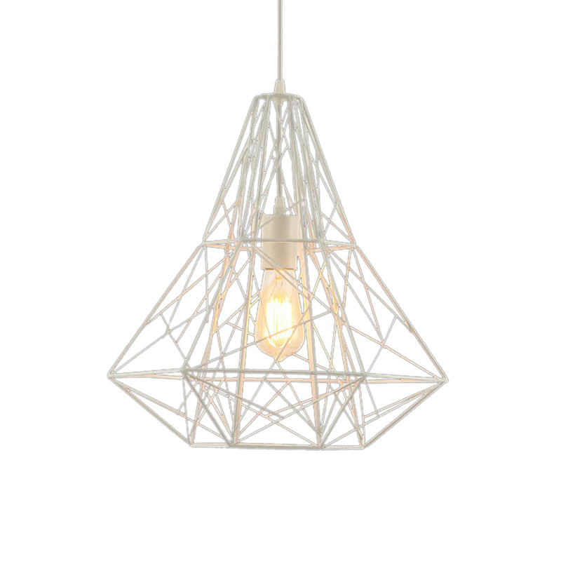 Metallic Industrial Cage Diamond Pendant Lighting - Black/White, 1 Head, for Dining Room - 16"/19.5" Dia