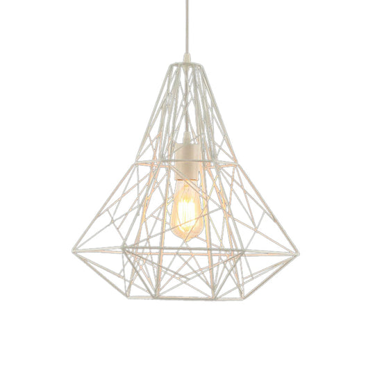 Metallic Industrial Cage Diamond Pendant Lighting - Black/White, 1 Head, for Dining Room - 16"/19.5" Dia