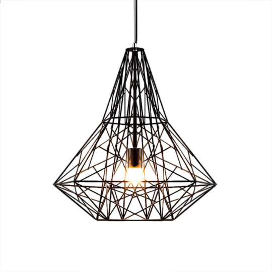 Metallic Industrial Cage Diamond Pendant Lighting - Black/White, 1 Head, for Dining Room - 16"/19.5" Dia