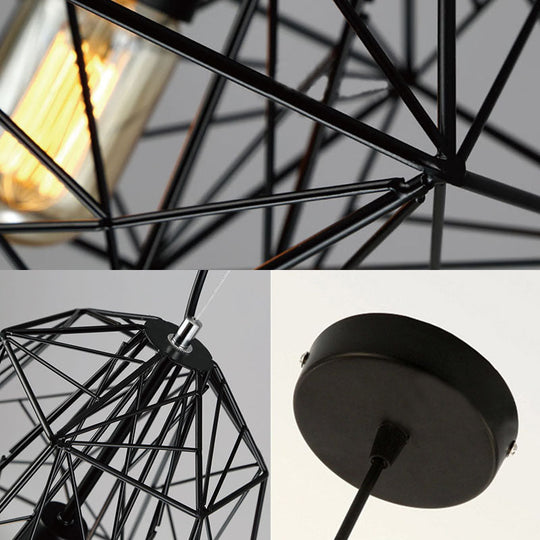 Metallic Industrial Cage Diamond Pendant Lighting - Black/White, 1 Head, for Dining Room - 16"/19.5" Dia