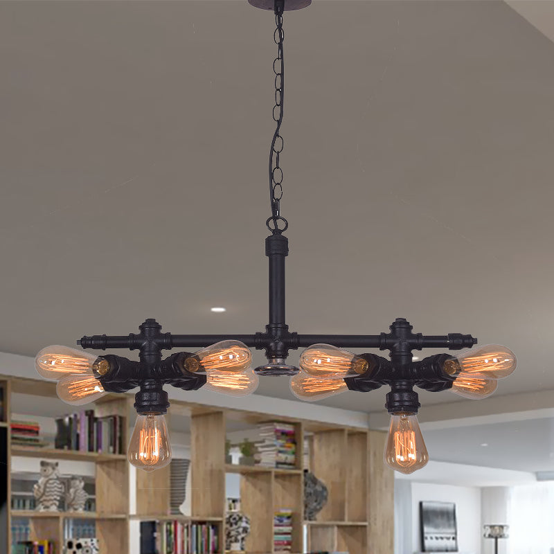 Diana - Vintage 10 Bulbs Iron Ceiling Chandelier Vintage Black Radial Pipe Living Room Suspended Pendant Light