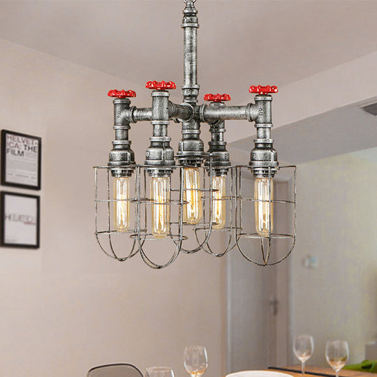 Bailey - Silver 5-Head Hanging Lighting Chandelier Pendant with Cage