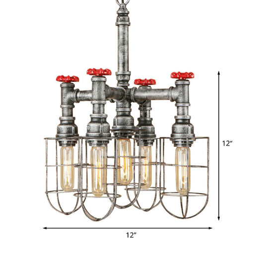 Bailey - Silver 5-Head Hanging Lighting Chandelier Pendant with Cage