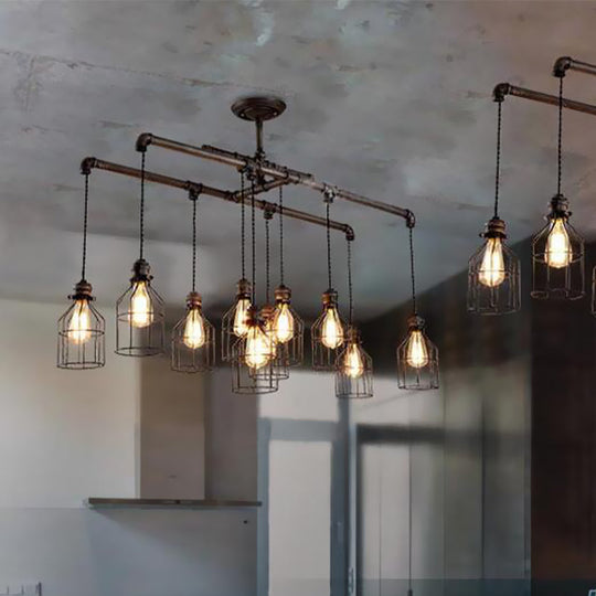 Aged Silver 6/10 Bulbs Industrial Cage Iron Pendant Light With Double Pipe Rod - Island Hanging Lamp