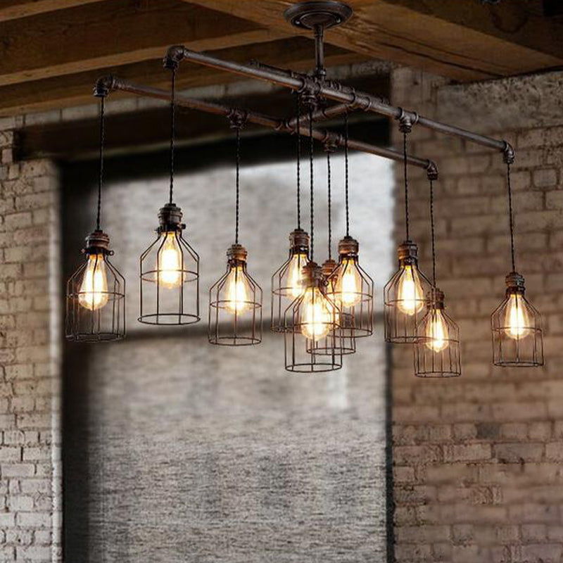 Aged Silver 6/10 Bulbs Industrial Cage Iron Pendant Light With Double Pipe Rod - Island Hanging Lamp