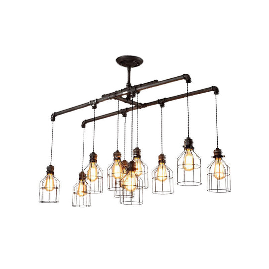 Aged Silver 6/10 Bulbs Industrial Cage Iron Pendant Light With Double Pipe Rod - Island Hanging Lamp