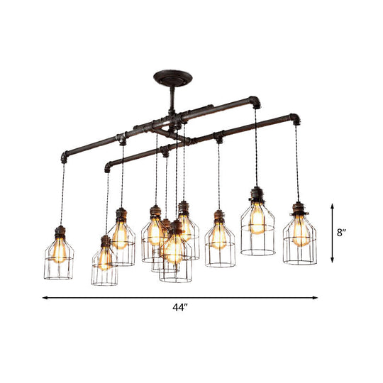 Aged Silver 6/10 Bulbs Industrial Cage Iron Pendant Light With Double Pipe Rod - Island Hanging Lamp