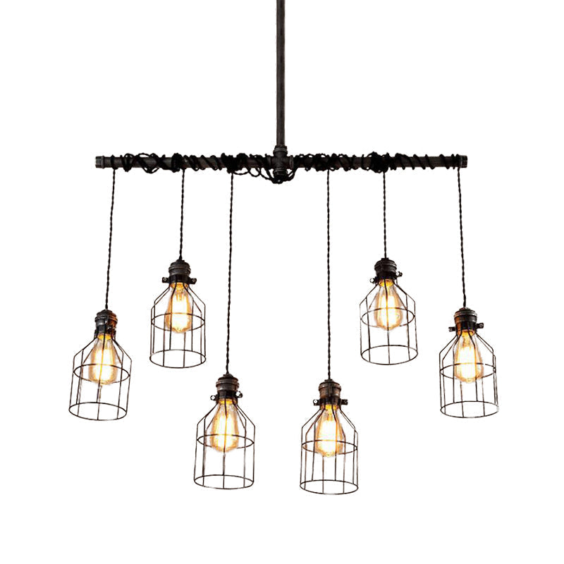 Aged Silver 6/10 Bulbs Industrial Cage Iron Pendant Light With Double Pipe Rod - Island Hanging Lamp