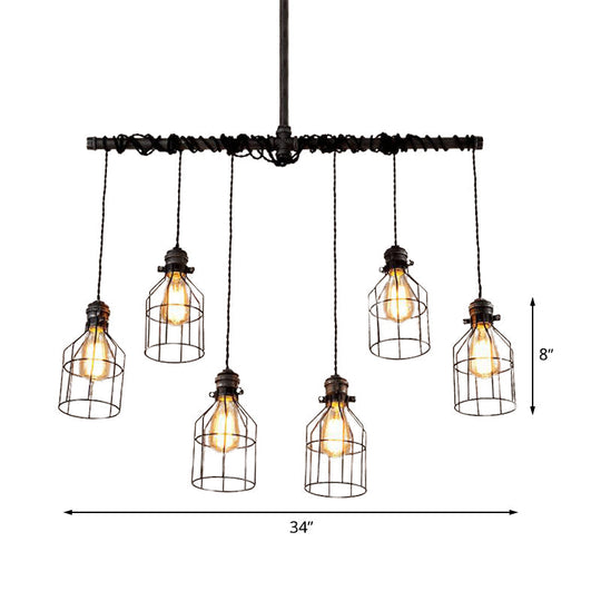 Aged Silver 6/10 Bulbs Industrial Cage Iron Pendant Light With Double Pipe Rod - Island Hanging Lamp