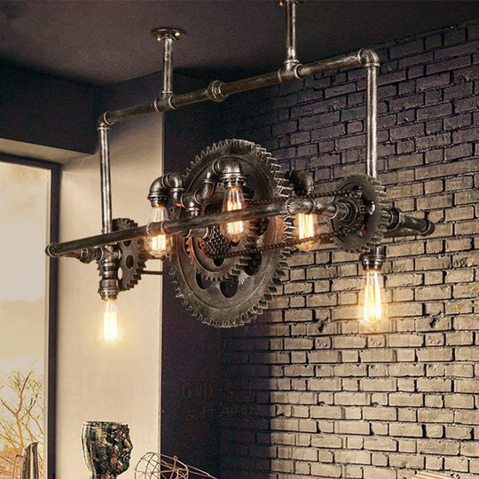 Vintage 6-Light Metallic Gear Hanging Lighting Fixture In Black Pendant