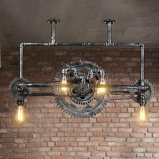 Vintage 6-Light Metallic Gear Hanging Lighting Fixture In Black Pendant