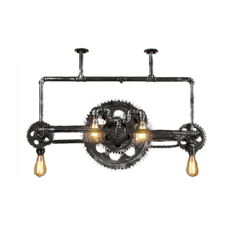 Vintage 6-Light Metallic Gear Hanging Lighting Fixture In Black Pendant