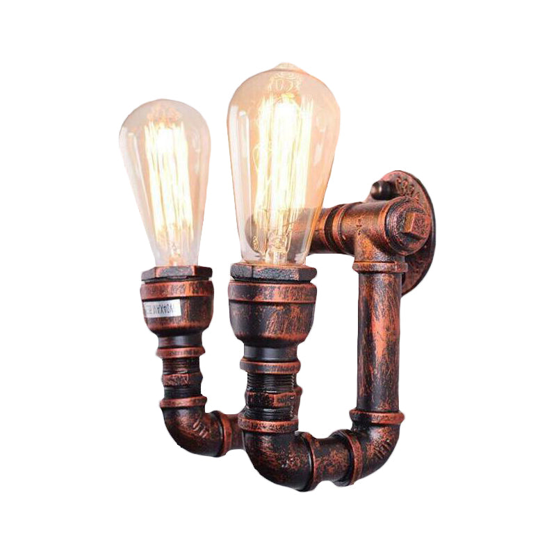 Copper Metal Wall Sconce With Antiqued Piping - 2 Lights For Stairway