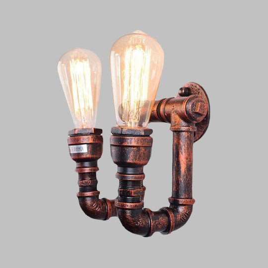 Copper Metal Wall Sconce With Antiqued Piping - 2 Lights For Stairway