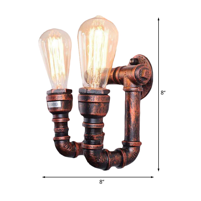 Copper Metal Wall Sconce With Antiqued Piping - 2 Lights For Stairway