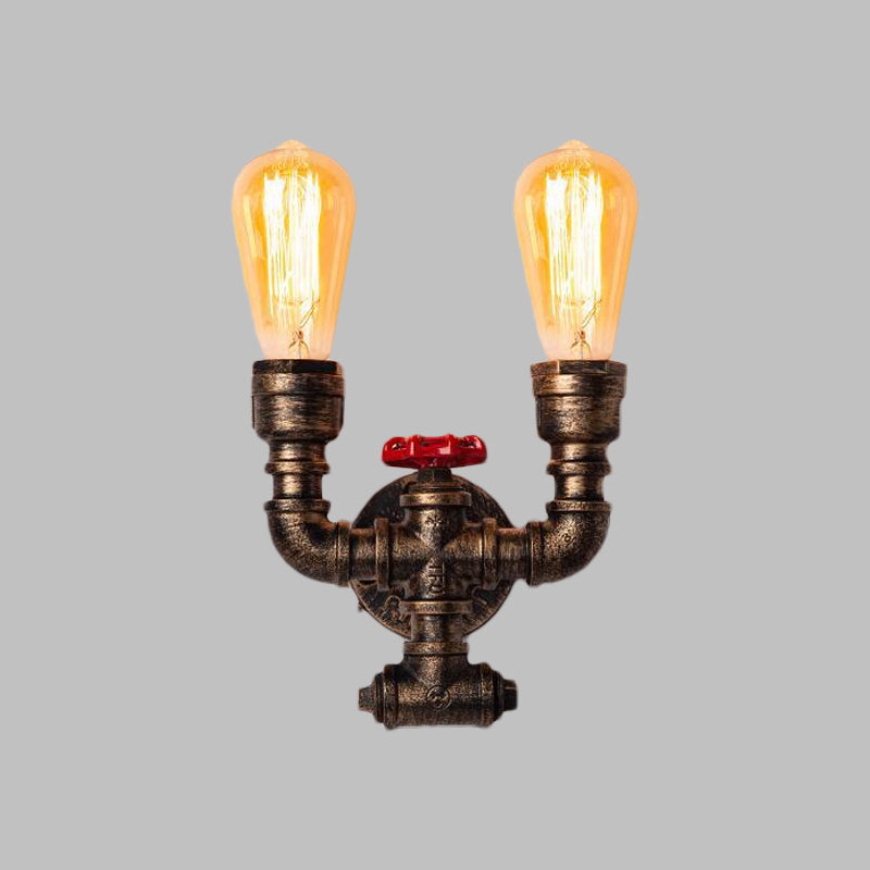 Industrial Brass Pipe And Valve Sconce Lighting - 2-Bulb Corridor Wall-Mount Lamp